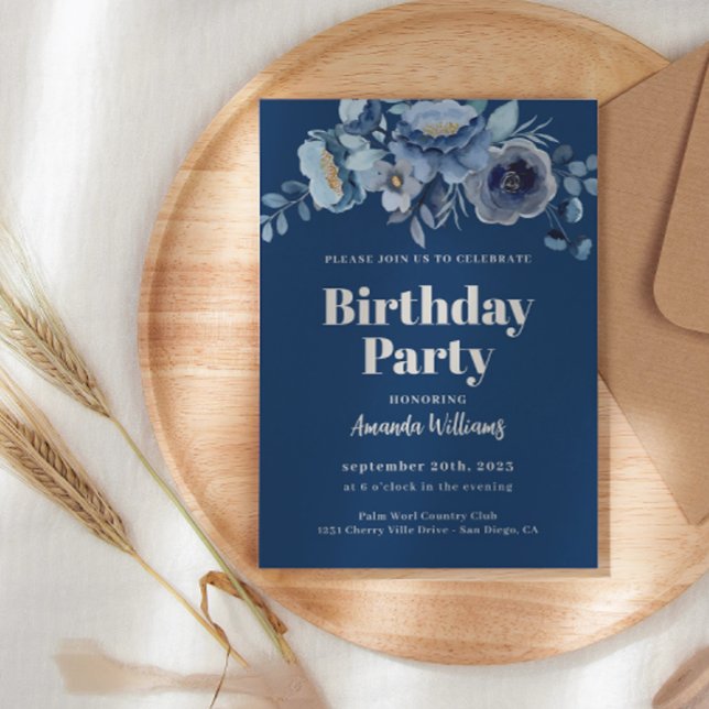 Elégante Floral Navy Blue Anniversaire Invitation (Créateur téléchargé)