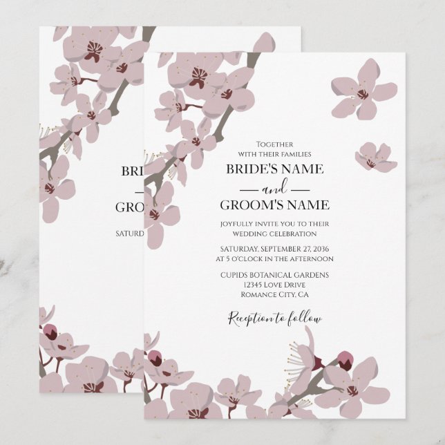 Elégante florale cerise fleurs invitation mariage (Devant / Derrière)