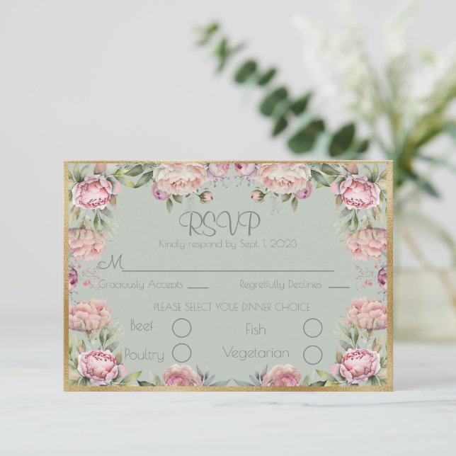 Elégante florale pivoines Gold Script Wedding RSVP (Debout devant)
