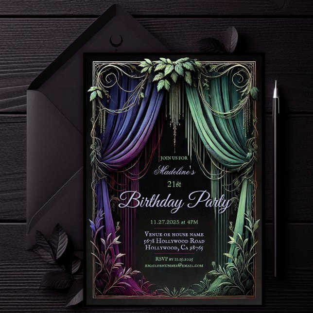 Elégante Forêt Botanique Invitation de fête d'anni (Elegant Gothic Birthday Party Invitation | Elegant Enchanting Magical Fairy Invite | Purple & Green)