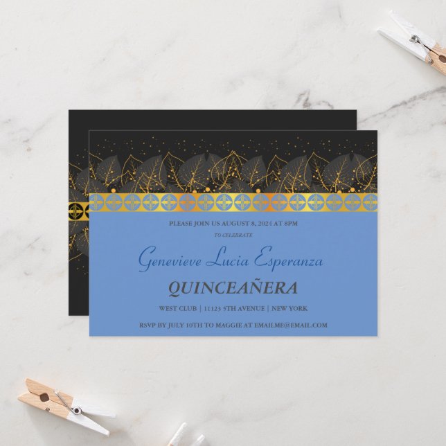 Elégante frontière or Quinceañera Invitation (Devant/Arrière en situation)