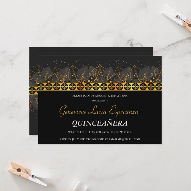 Elégante frontière or Quinceañera Invitation (Devant/Arrière en situation)