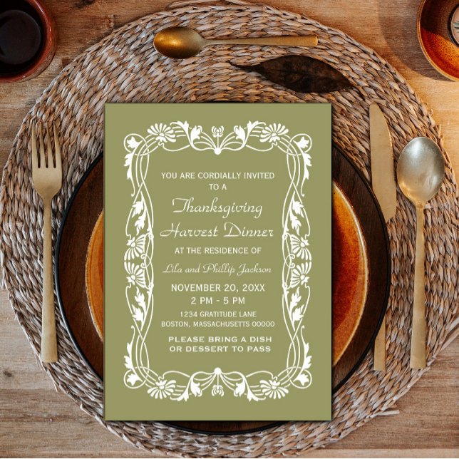 Elégante frontière verte Invitation de Thanksgivin (Green Elegant Border Thanksgiving Invite)