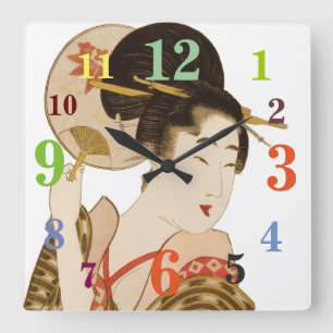 Elégante Geisha Japonaise Avec Horloge Murale Du V