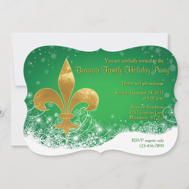 Elégante Gold Fleur Green Holiday Invitation (Devant)