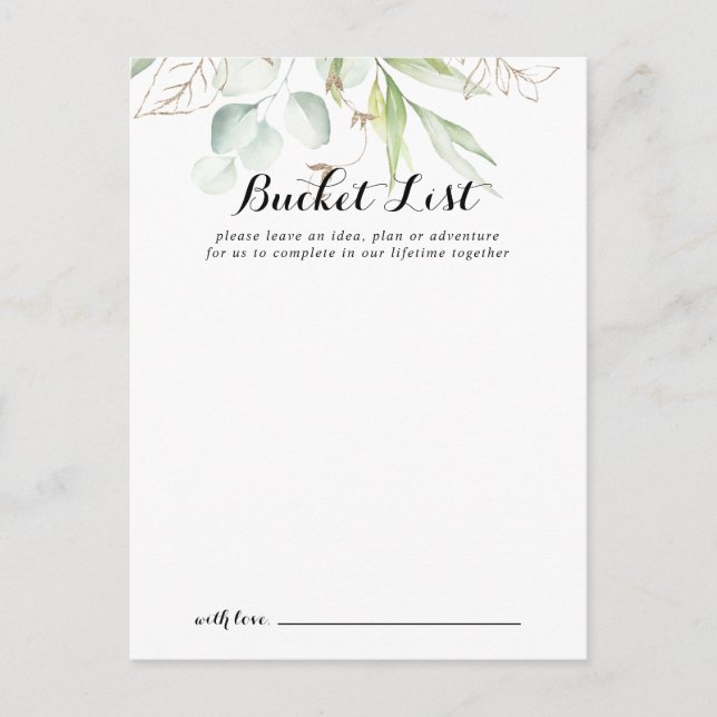 Elégante Gold Greenery Mariage Bucket List Cartes (Devant)