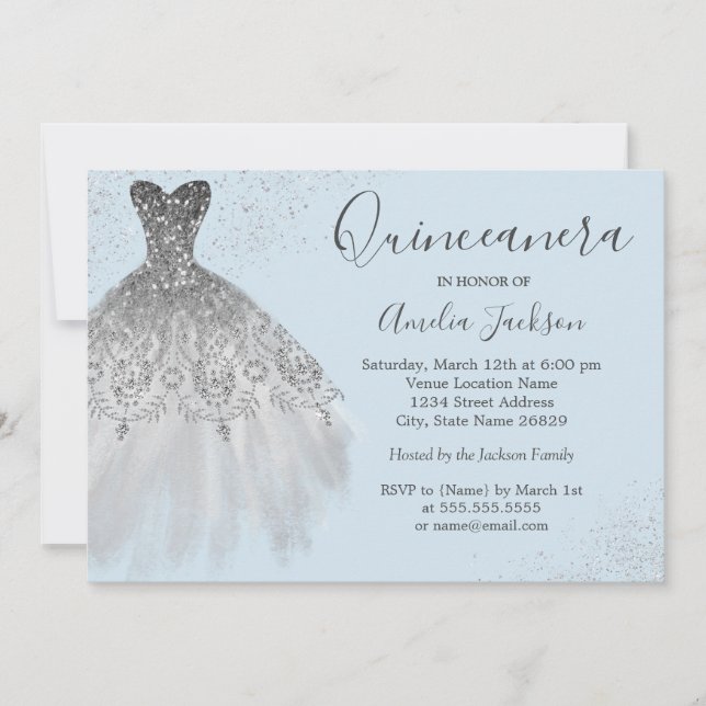 Elégante Gown Dusty Blue Quinceanera Invitation (Devant)