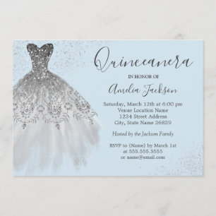 Elégante Gown Dusty Blue Quinceanera Invitation