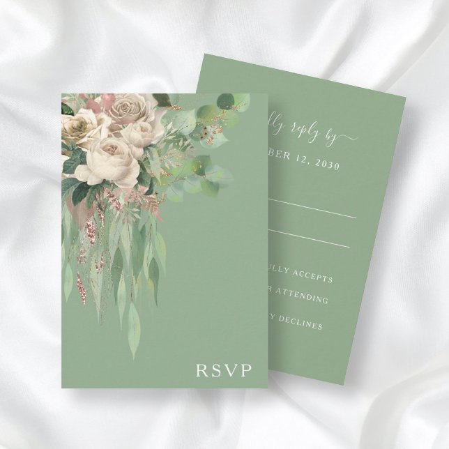 Elégante Green Floral Peonies Mariage Carte RSVP (Créateur téléchargé)