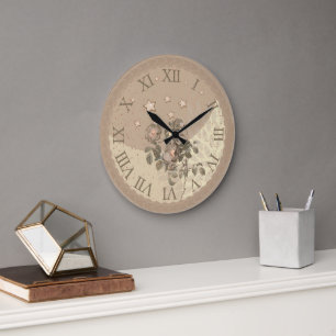 Elégante horloge murale beige avec touche florale
