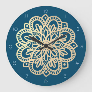 Élégante horloge murale en mandala d'or bleu mar