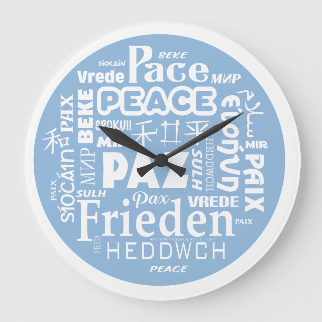 Élégante horloge murale moderne PEACE multilingue (Recto)