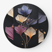 Élégante horloge noire florale |Fleur minimale