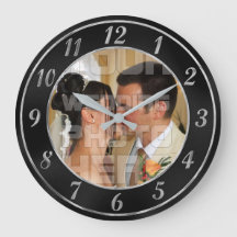 Élégante horloge photo Mariage noir et argent