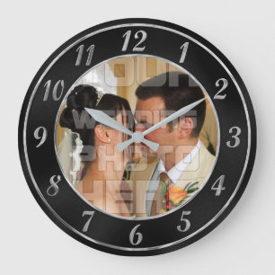 Élégante horloge photo Mariage noir et argent