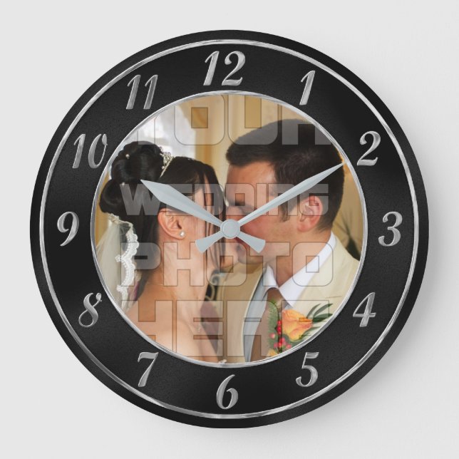 Élégante horloge photo Mariage noir et argent (Recto)