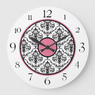 Élégante horloge rose noir et blanc Damas 10,75 po