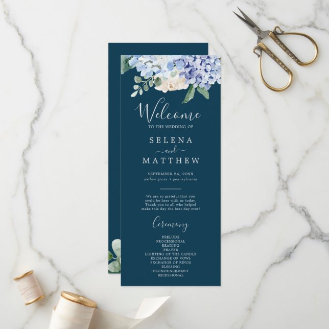 Elégante Hydrangée Bleue | Programme de mariage de (Devant/Arrière en situation)