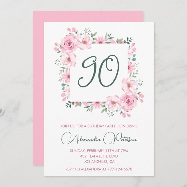 Elégante invitation 90e anniversaire Floral Pink (Devant / Derrière)