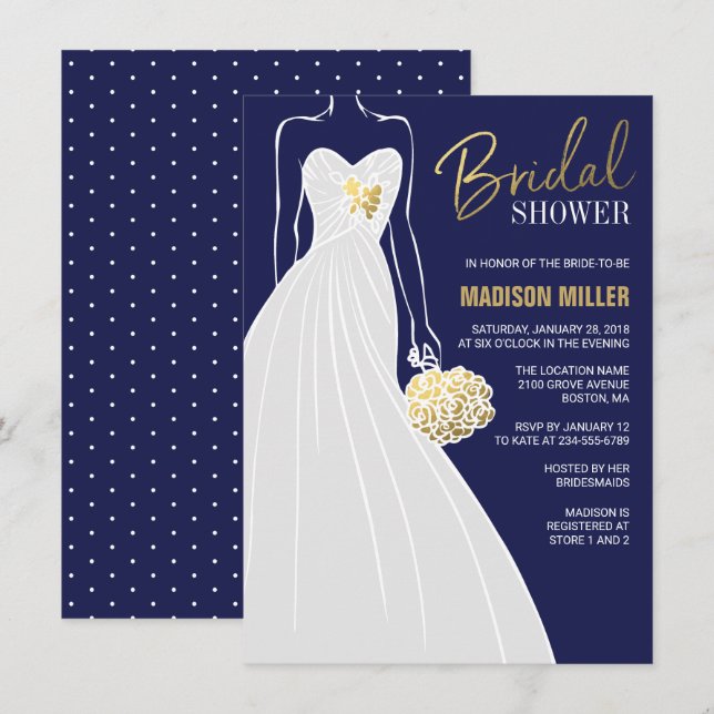 Elégante invitation à la douche nuptiale | Bleu et (Devant / Derrière)