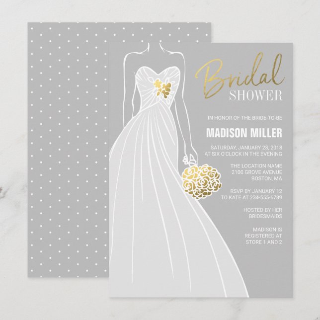 Elégante invitation à la douche nuptiale | Gris et (Devant / Derrière)