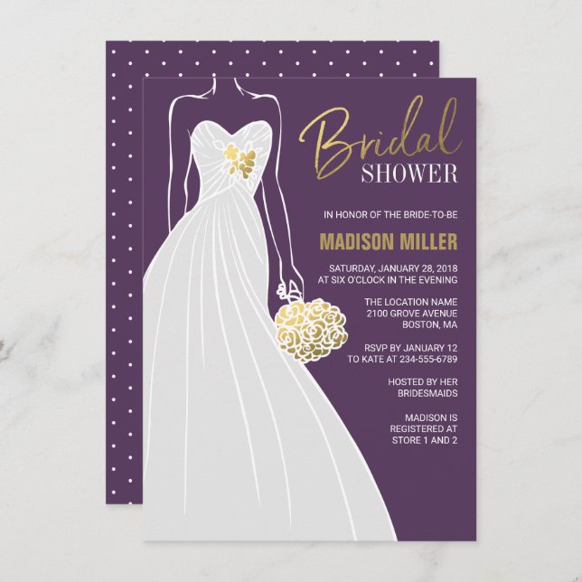 Elégante invitation à la douche nuptiale | Purple  (Devant / Derrière)