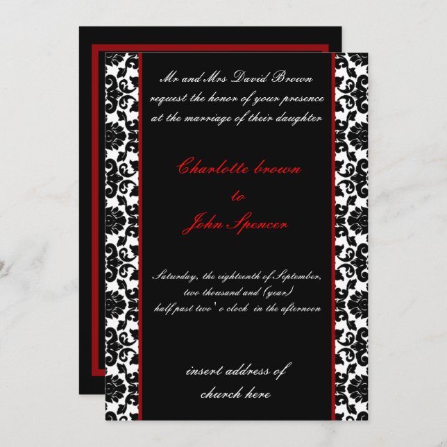 élégante invitation à mariage damassé rouge (Devant / Derrière)