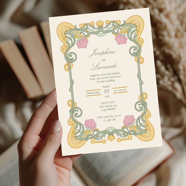 Élégante invitation Art Nouveau verte et dorée (Créateur téléchargé)