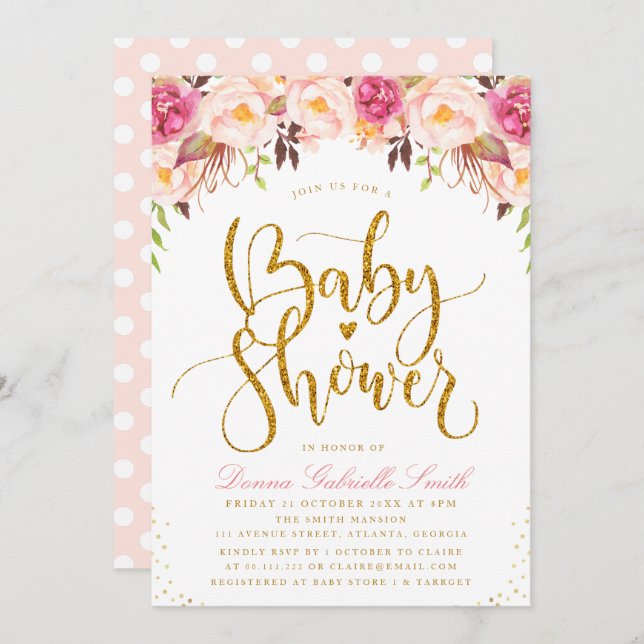 Elégante invitation au Baby shower floral roux (Devant / Derrière)