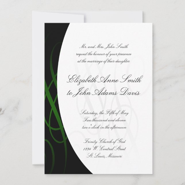 Élégante invitation au mariage Noir et Vert (Devant)