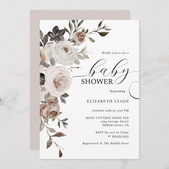 Elégante Invitation Baby shower Floral (Devant / Derrière)