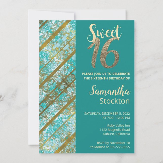 Elégante Invitation d'anniversaire Turquoise et or (Devant)