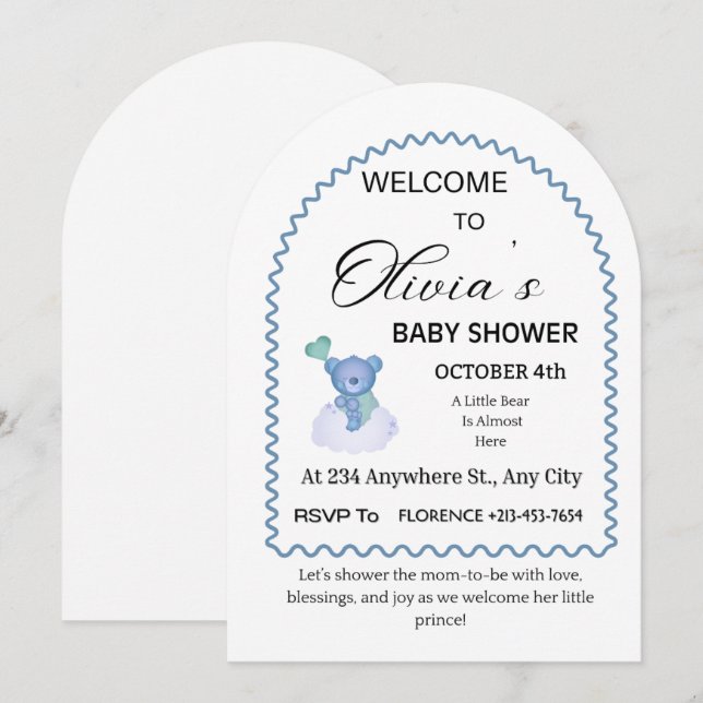Élégante invitation de Baby Shower Bleu Ours Arche (Devant / Derrière)