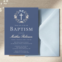 Élégante invitation de baptême à croix florale ble