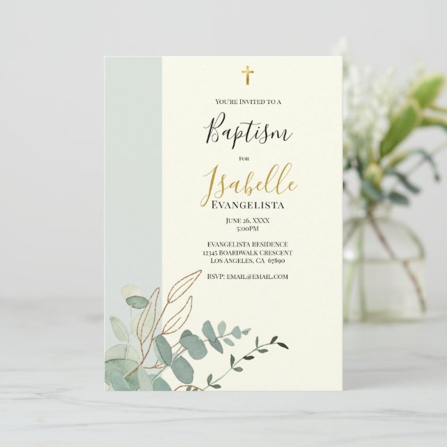 Élégante invitation de baptême au vert sauge et or (Debout devant)
