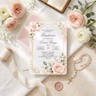 Élégante invitation de baptême Rose Blush Botaniqu