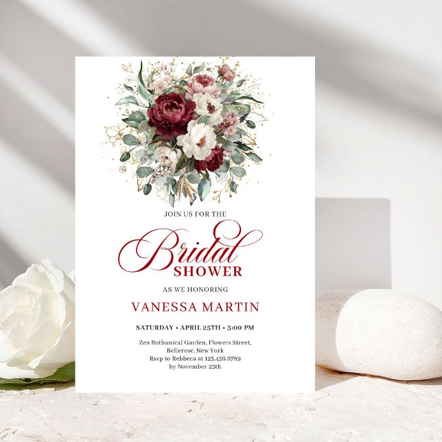 Élégante invitation de douche de mariée florale ro (Elegant Deep Red Floral Bridal Shower Invitation)