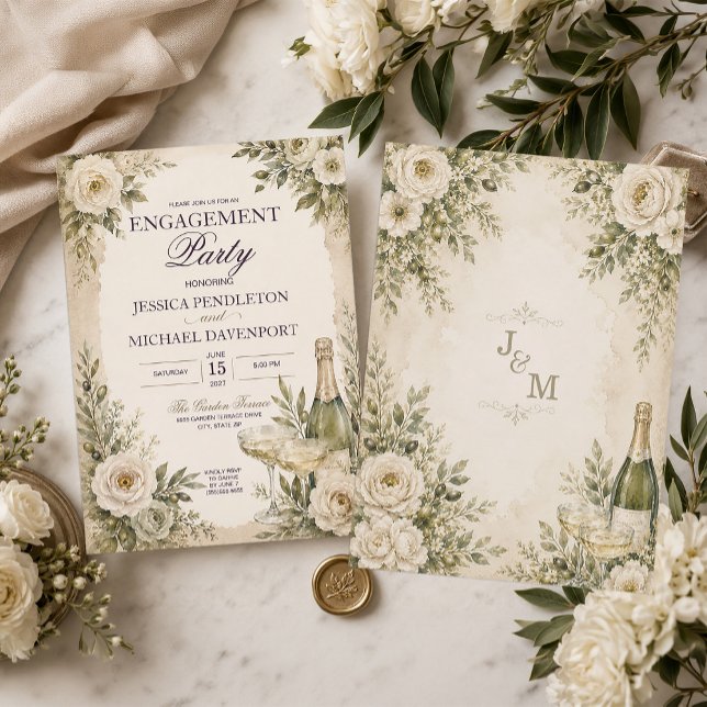 Élégante invitation de fiançailles de jardin au ch (Elegant olive green champagne Engagement Party invitation)