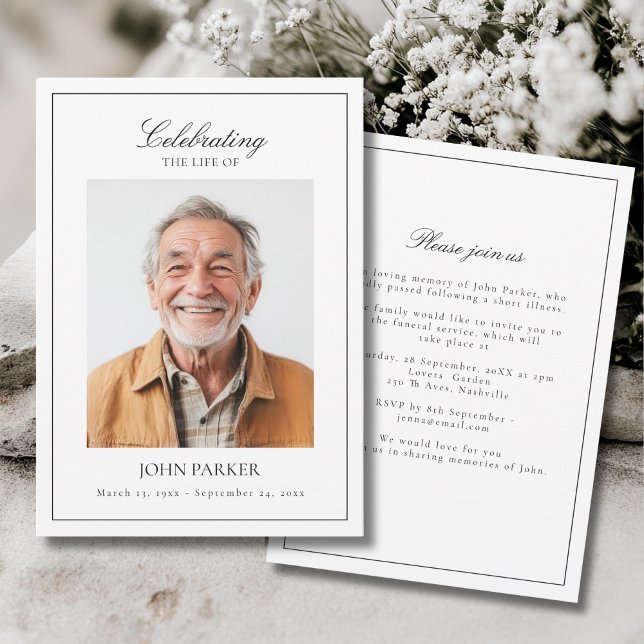 Élégante invitation de funérailles pour célébratio (Elegant Minimal Celebration of Life Funeral Photo Invitation)