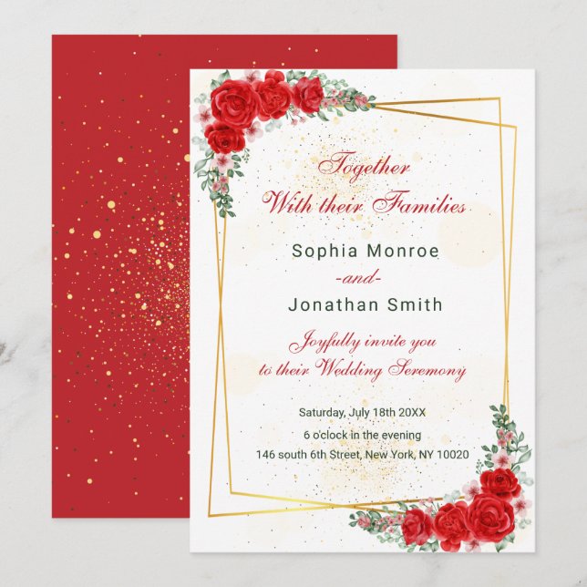 élégante invitation de mariage à cadre doré floral (Devant / Derrière)