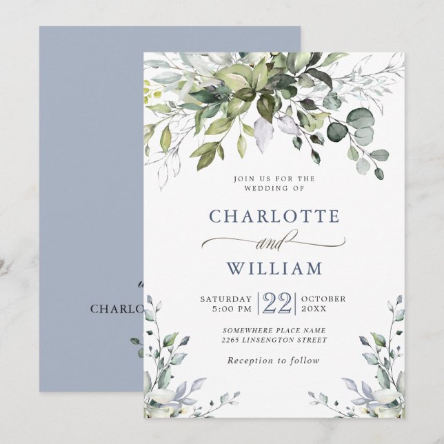 Élégante invitation de mariage à la gouache Eucaly (Devant / Derrière)