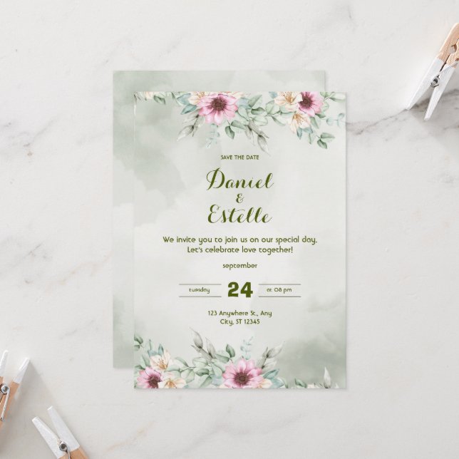 Élégante invitation de mariage à l'aquarelle flora (Devant/Arrière en situation)