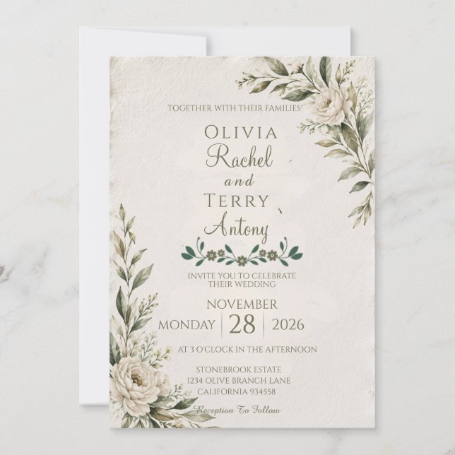 Élégante invitation de mariage à motif botanique a (Devant)