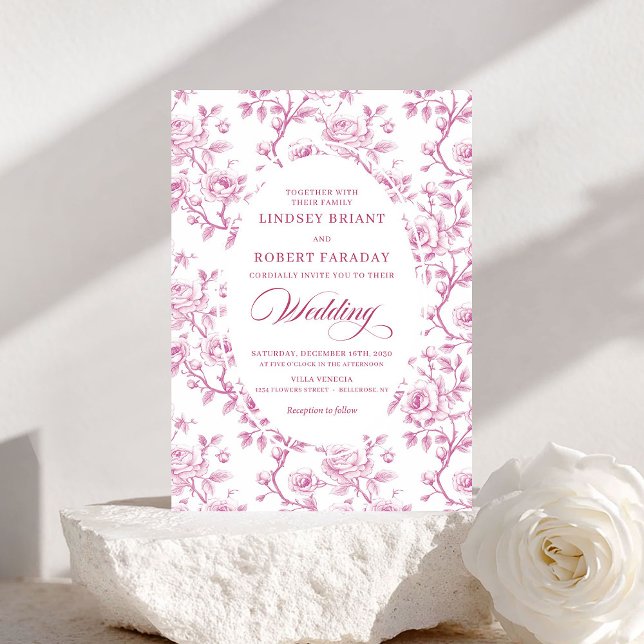 Élégante invitation de mariage à toile florale ros (Elegant Pink and White Floral Toile Wedding Invite)