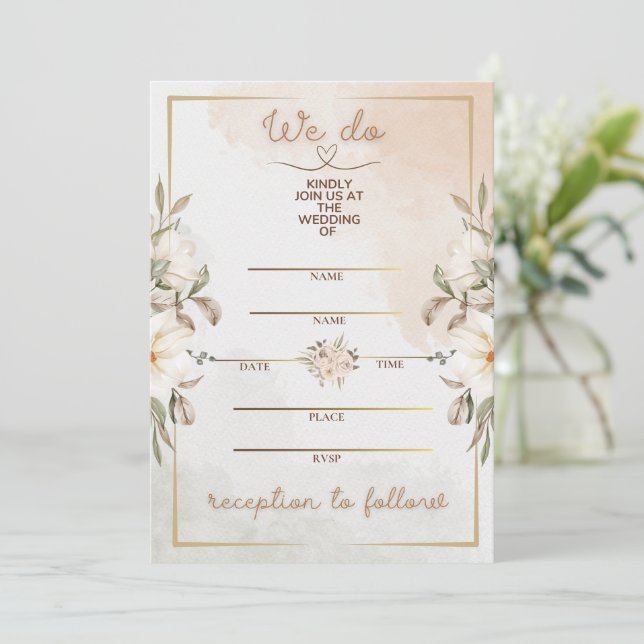 Élégante invitation de mariage aquarelle beige flo (Debout devant)