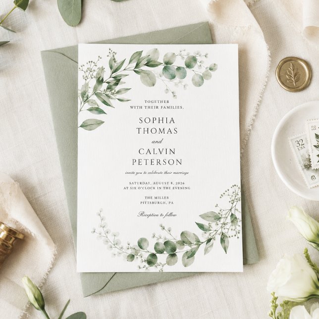 Élégante invitation de mariage au eucalyptus aquar (Créateur téléchargé)