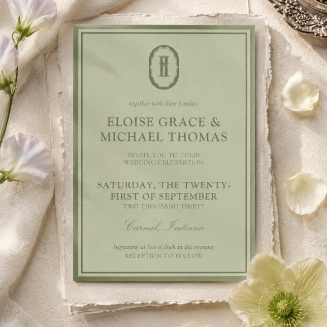 Élégante invitation de mariage au monogramme vert  (Elegant Sage Green Monogram Wedding Invitation
)
