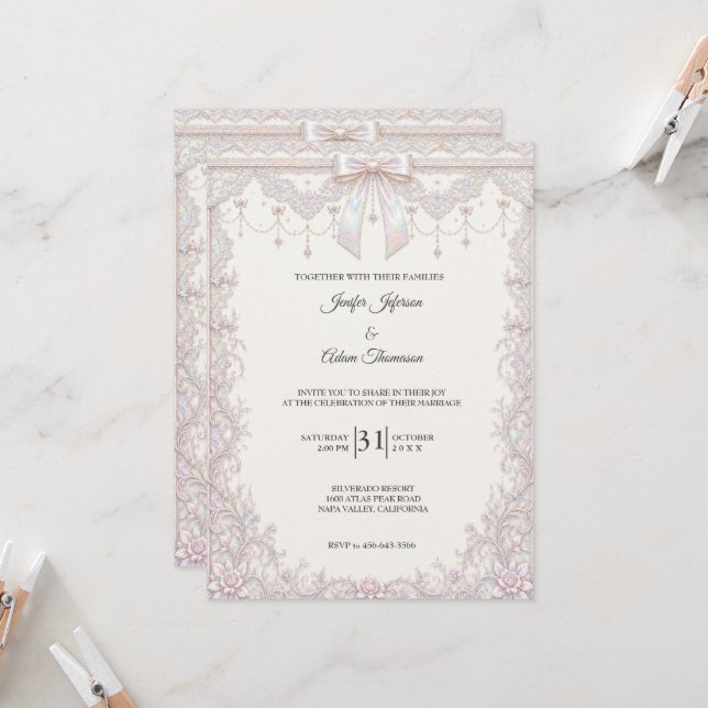 Élégante invitation de mariage au ruban en dentell (Devant/Arrière en situation)