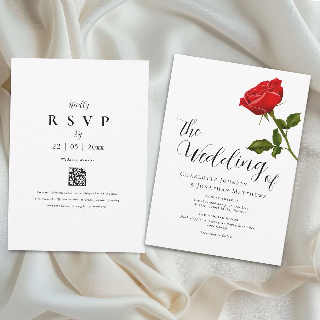 Élégante invitation de mariage avec code QR rose r (Elegant simple watercolor single red rose wedding qr code invitation romantic script watercolor )