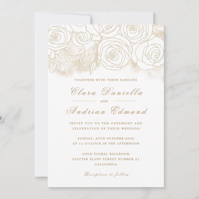 Elégante invitation de mariage avec des Roses d'or (Devant)